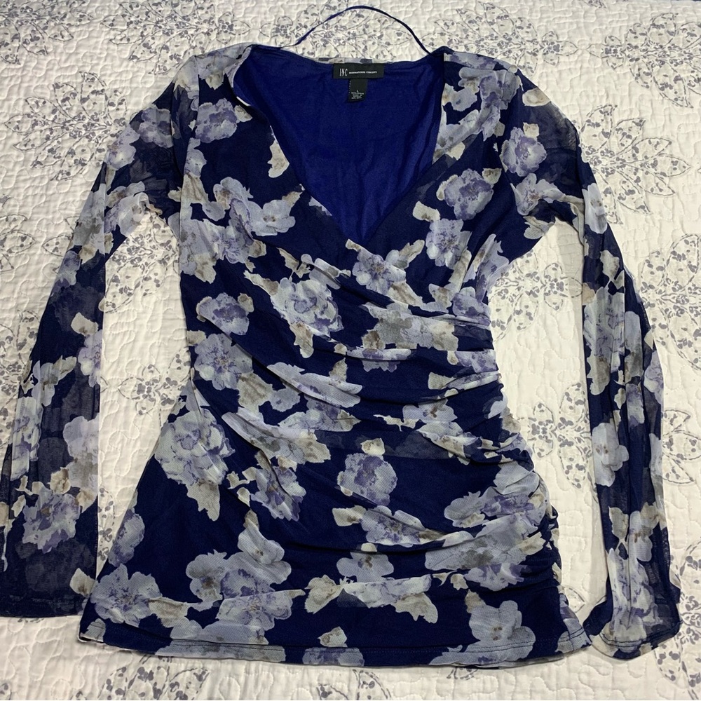 y2k Blue floral mesh sleeve top